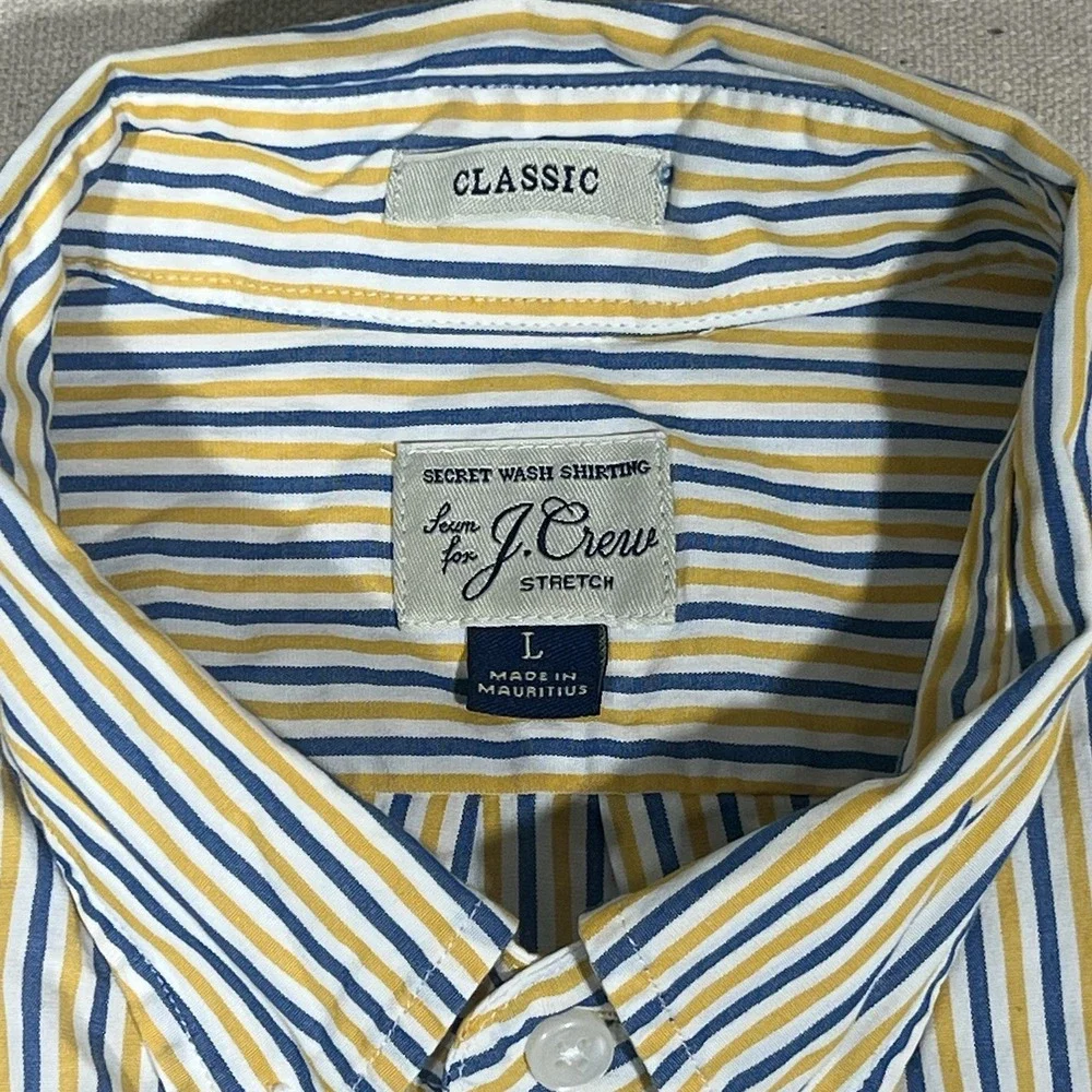 J Crew Secret Wash Shirting Mens Large Classic Striped Shirt Blue Yellow Stretch